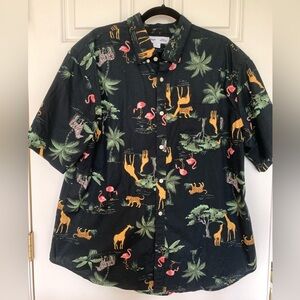 Goodfellow Men’s short sleeve button front printed shirt, XXL, jungle print